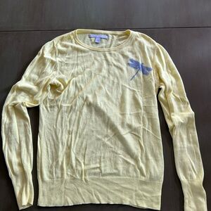 Old Navy Light Yellow Crewneck Sweater with Blue Dragonfly